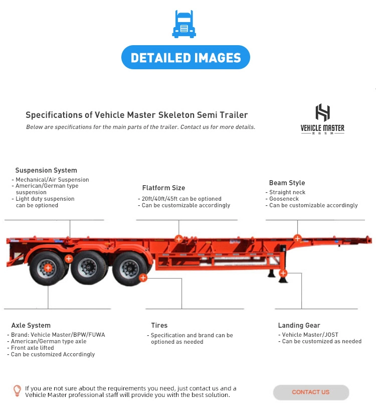 Vehicle Master 2 3 4 Axles 30 60 80 100t Skeleton 40 45 FT Skeletal Shipping Container Chassis Semi Truck Trailer